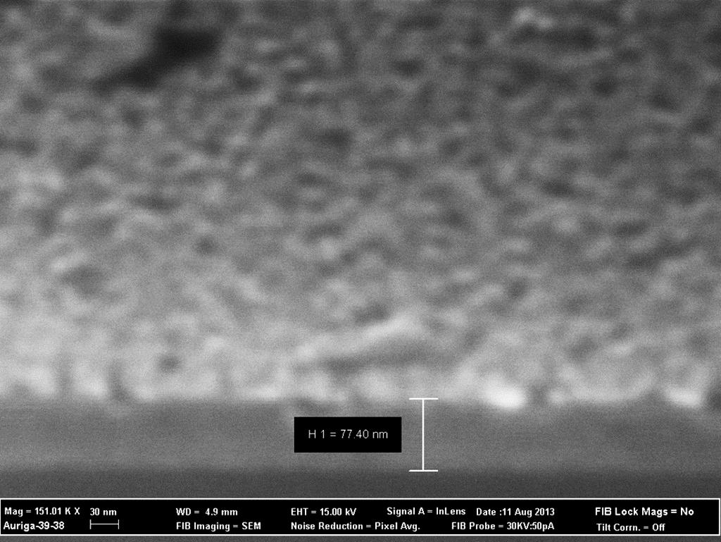 69 77nm Figure 4.10 SEM picture of plasmon FET (side view). The measured ZnO layer thickness is around 77nm. Low contrast is because of tilted sample.