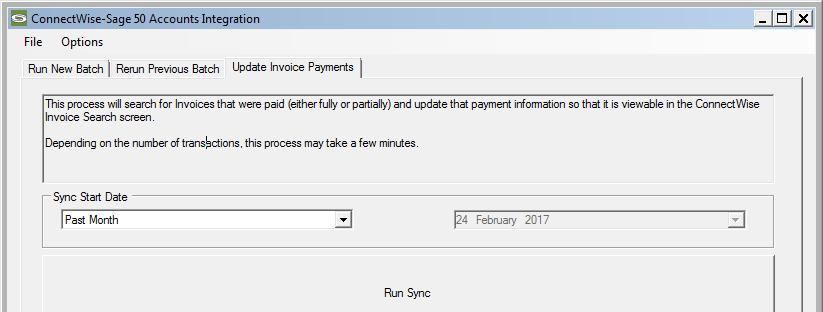 Synchronizing Invoice Payments Your typical workflow will include creating invoices in Manage, and exporting those invoices to Sage 50 Accounts.