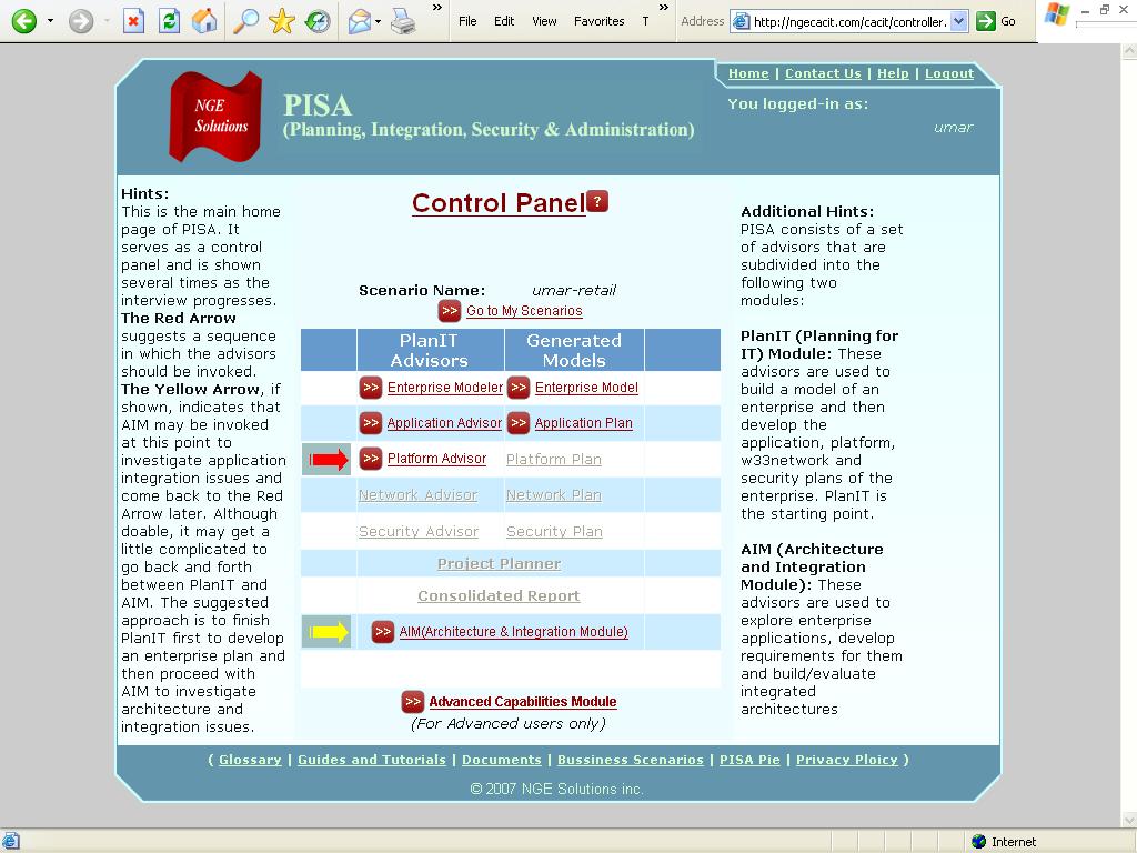Figure 6: Sample PISA Control Panel 3.3. PlanIT Module To Develop a Plan for IT Infrastructure Businesses face numerous challenges in using IT.
