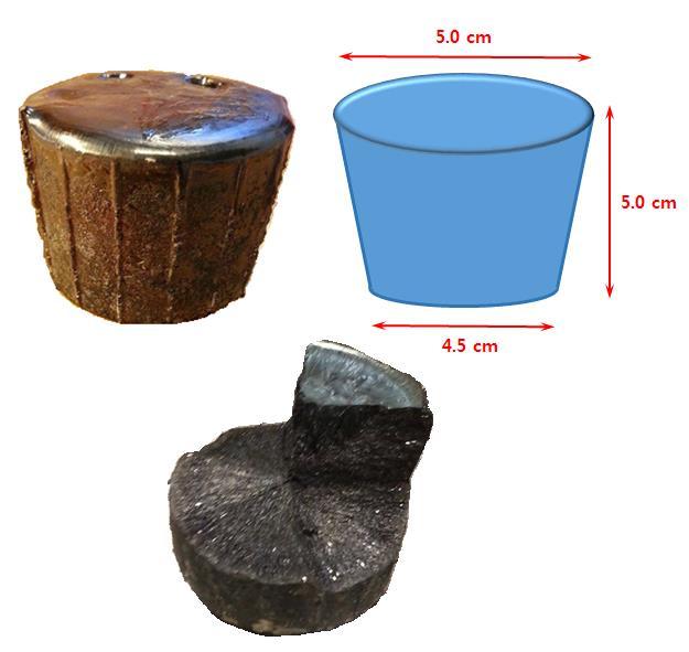 4.1 Synthesis 4.1.1 Synthetic ilmenite The pictures of bulk appearance and cross-section of synthetic ilmenite (batch 1) are shown in Figure 4.1. The synthetic ilmenite bulk had an upper and lower width of approximately 5.
