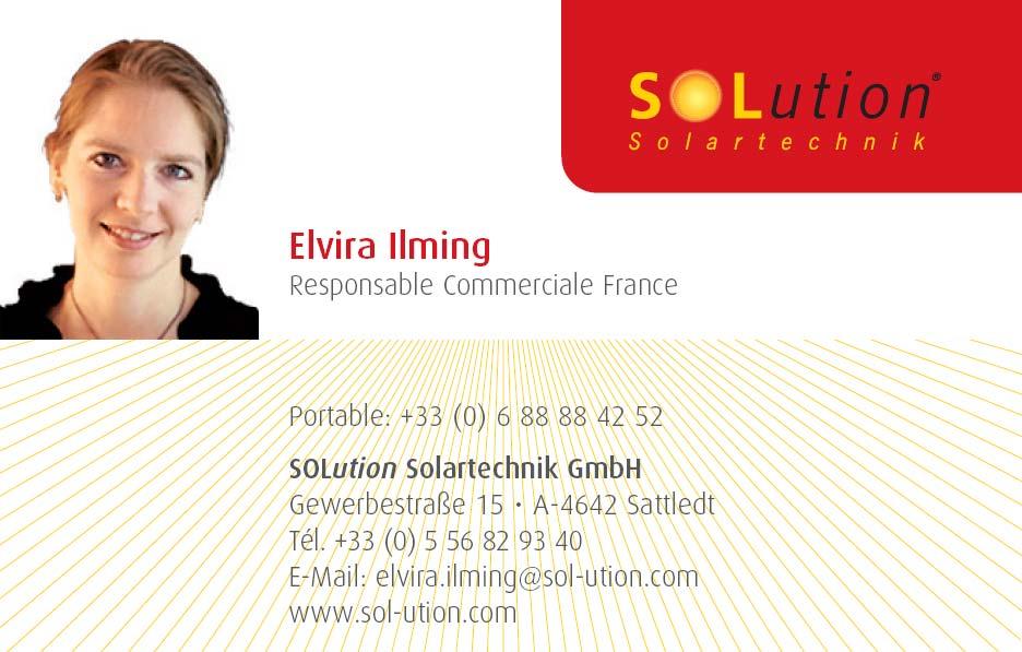 The company partners Different partners in France, but for first contact please adress to: Elvira Ilming, Responsable Commerciale France Elvira.Ilming@sol-ution.
