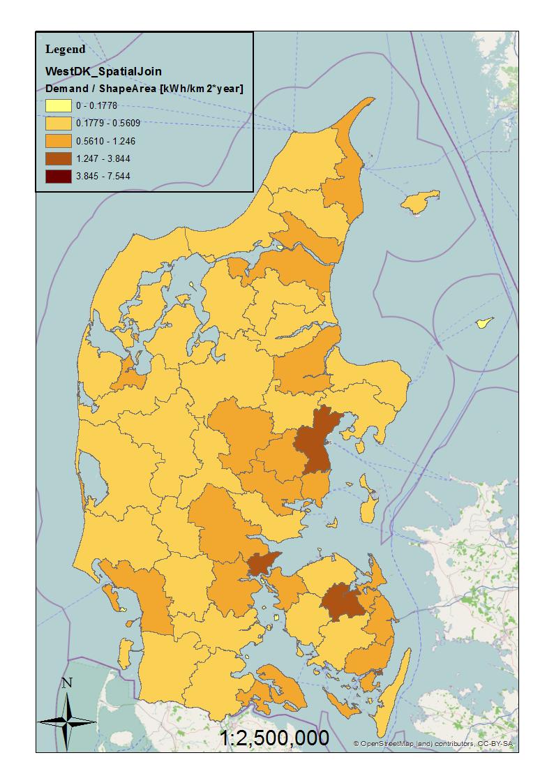 Focus of my research Heat Demand in communes in West Denmark normalized on commune area; only residential buildings are