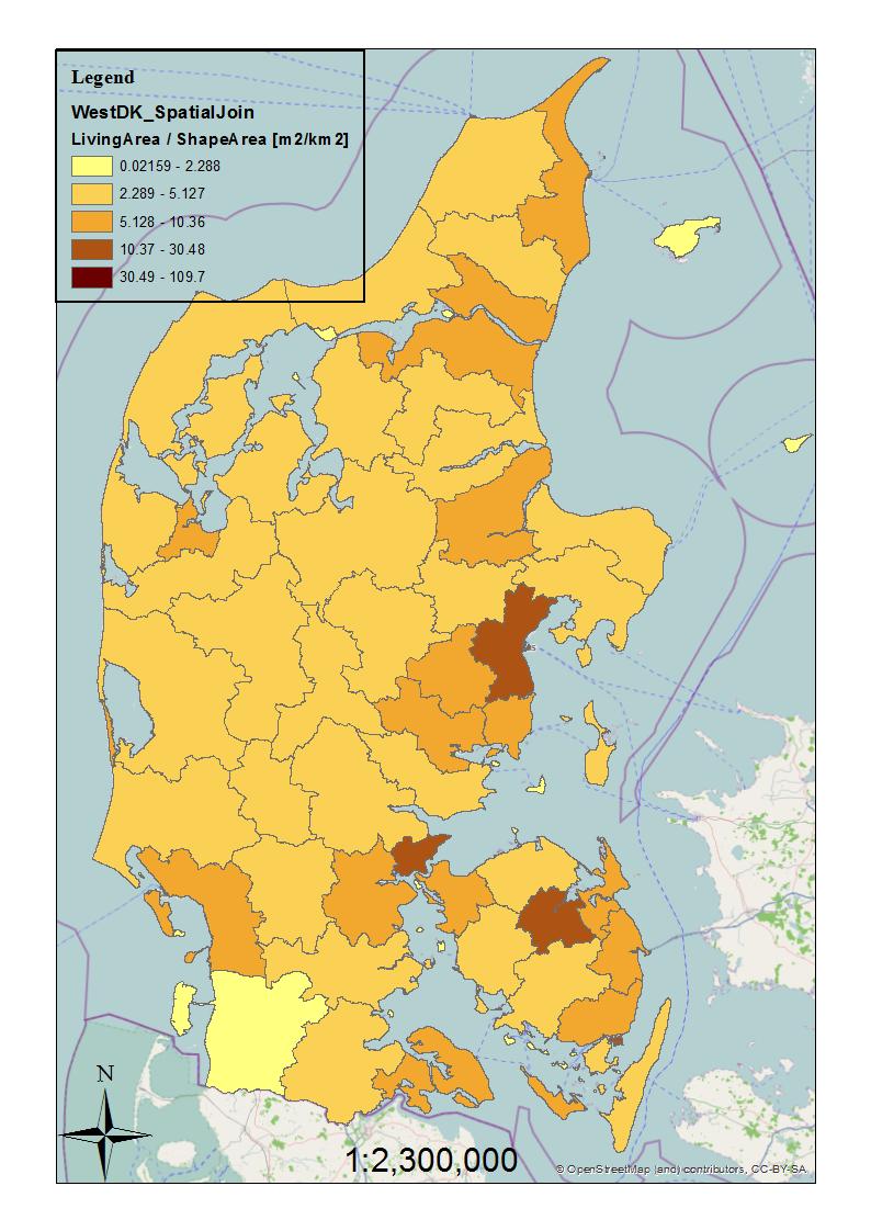 Focus of my research Total Building Area in communes in West Denmark normalized on commune area; only residential buildings