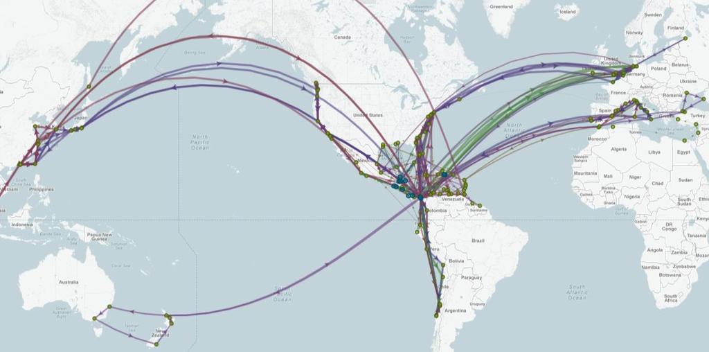 Figure 13: Actual liner services that visit two or more ports among those in the study We define a network to be connected if there is a path or connection between any two pairs of nodes in the