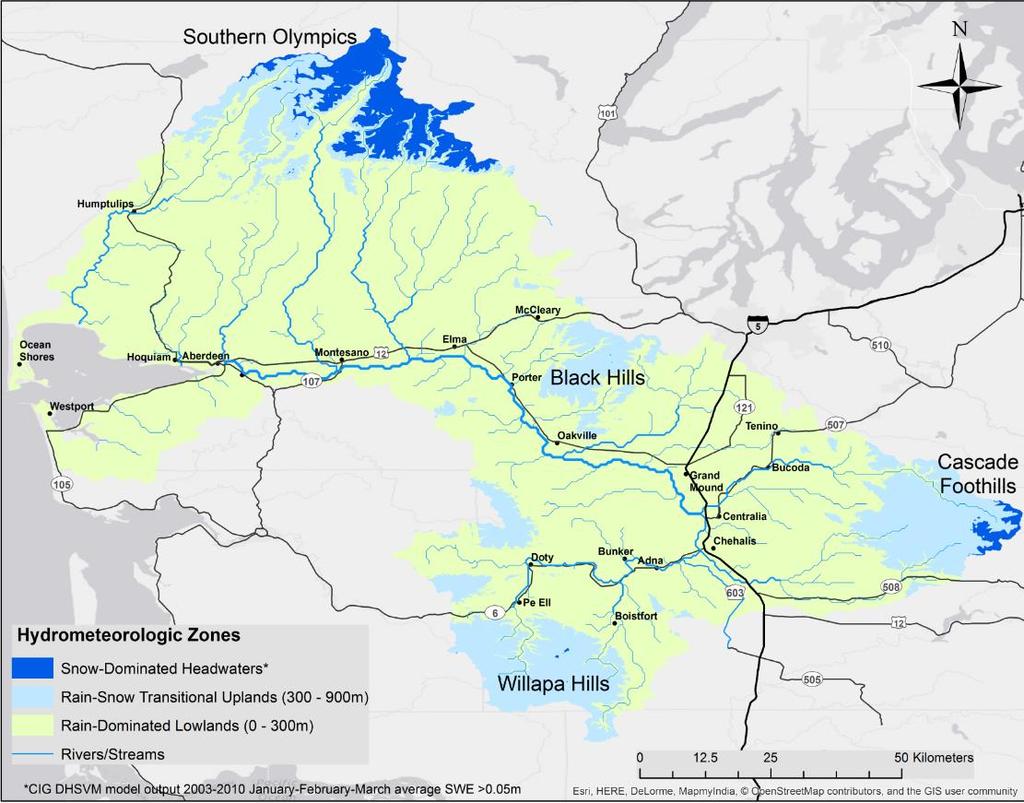 Chehalis Basin Hydrometeorologic Zones 3.5% Snow-dominated headwaters (dark blue) 17.