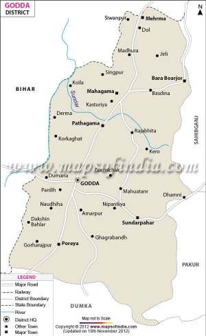 Godda district falls under Santhal ParganaDivisionandhasoneSub Division Godda and eight blocks Boarijore, Godda, Mahagama, Meharama,Pathargama,Poraiyahat, SunderpahariandThakurgangti.