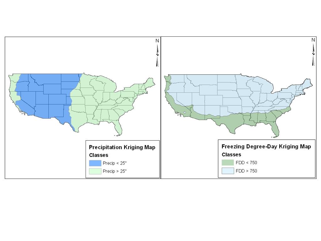 Figure 8. Kriging Maps for Precipitation and Freezing Degree-Days As stated in Chapter 3, the precipitation and freezing degree-day surfaces were combined to develop the final climate region map.