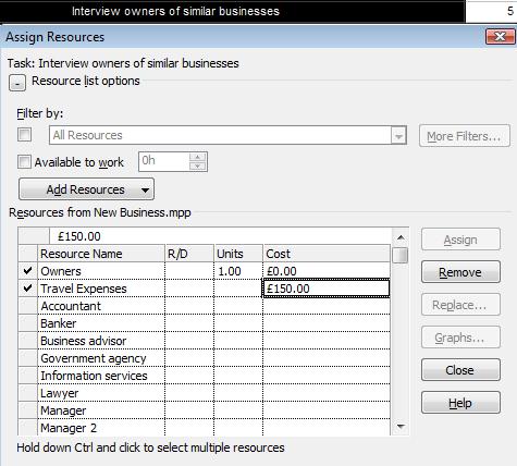 After you create the cost resource, you assign it to tasks using the Assign Resources dialog box.