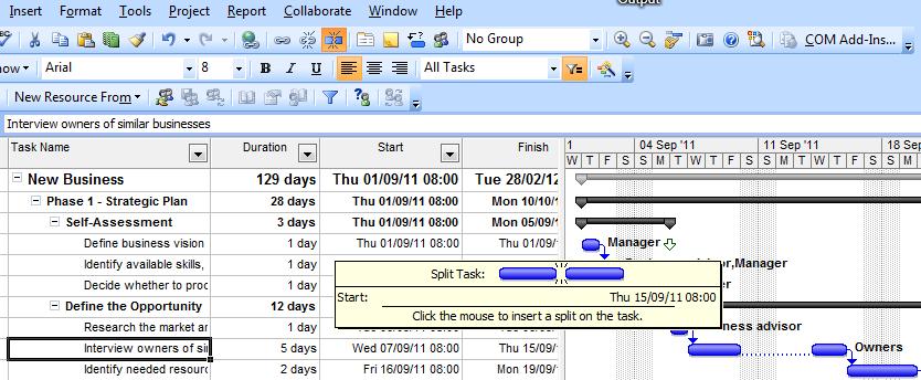 Splitting tasks This allows you to start work on a task, and then suspend work for a period of time while the resource works on another task. To split a task: 1.
