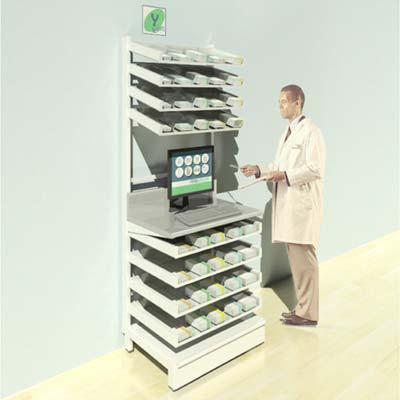 FY_004T Full Height Pharmacy Shelving Product Code: FPD-08711 2100mm H x 790mm W x 607mm D Material Finish: Epoxy Coated Metalwork 4 x Pullout Shelves 520mm with Plastic Divider Sets 1 x