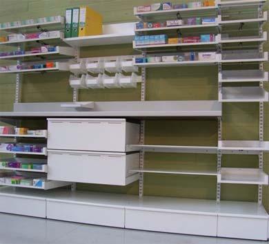 Pharmacy Shelving Popular Setups FY_001T Full Height Pharmacy Shelving 10 x Pull-out Shelves with Plastic Divider Sets 2 x Slotted Perimeter Uprights 1 x Base Plinth Drawer with Metal Divider Set
