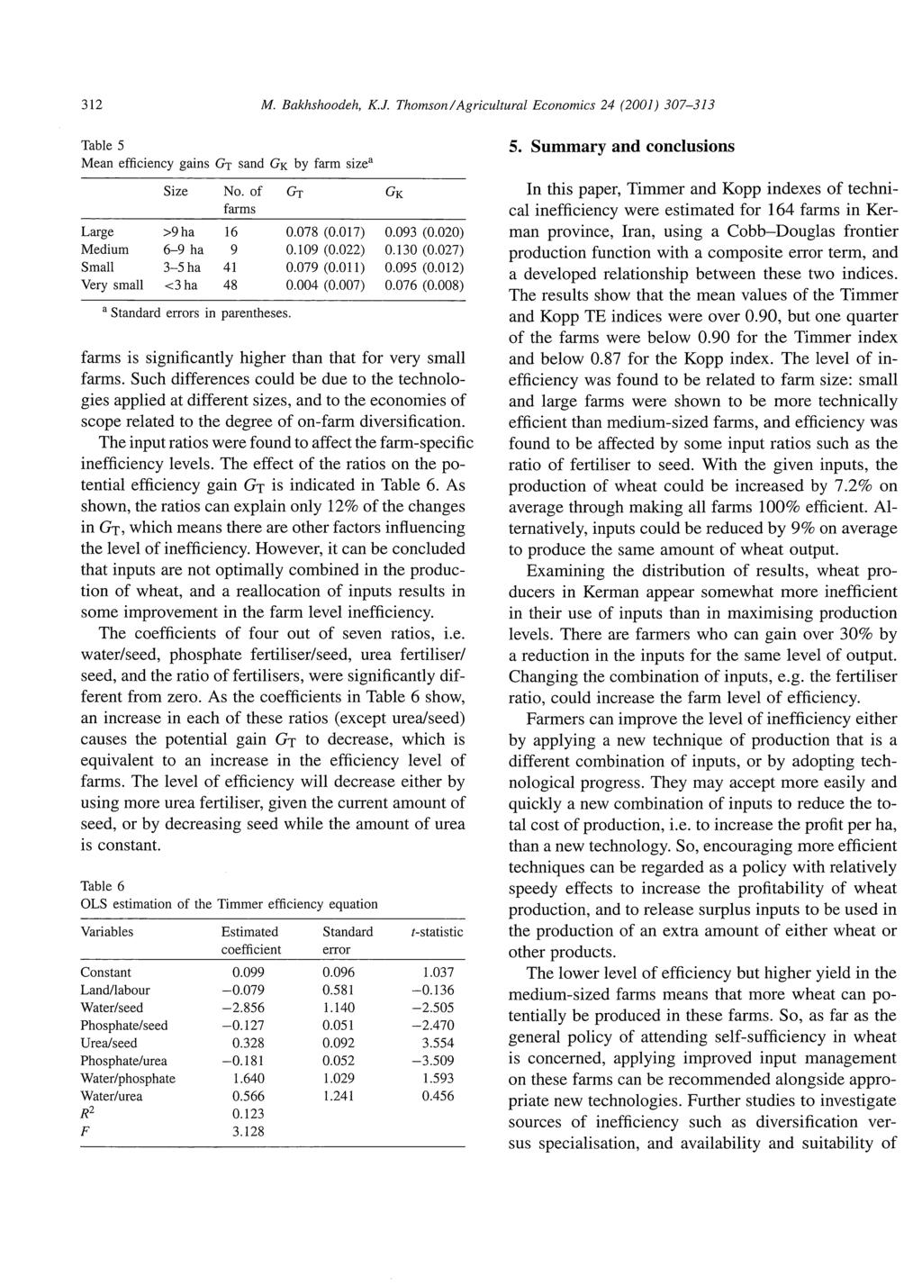 312 M. Bakhshoodeh, K.J. Thomson/ Agricultural Economics 24 (2001) 307-313 Table 5 Mean efficiency gains Gr sand GK by farm size Size No. of Gr GK farms Large >9ha 16 0.078 (0.017) 0.093 (0.
