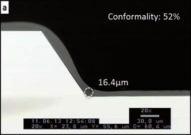 Figure 3. Cross sectional views of spray coated samples (Tc: 60 C) before (a) and after (b) the soft bake step at 90 C for 90s conformality as high as 52 %.