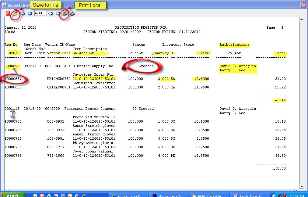 REPORT (RREG) The Requisition Register report shows PO numbers as shown circled in red, and other important information for review. See example below. RREG should be used in place of RQSP.