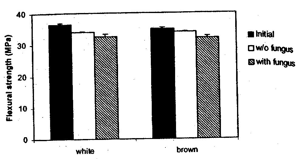 Figure 4 Strength loss for solid wood exposed to brown and white-rot fungi during soil block tests (boiled samples). Specimens exposed to brown-rotfungi for 8 and 12 weeks were too degraded to test.