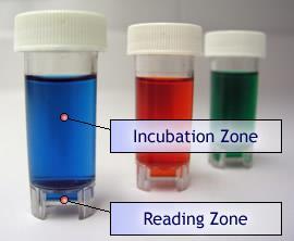 BioLumix Disposable two-zone vials contain an incubation zone (top of vial) for the sample and microorganism, and a reading zone (bottom of vial) The two-zones eliminates masking of the optical