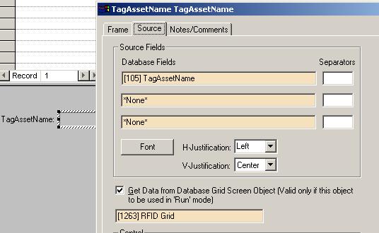 For the properties of our example field TagAssetName, the Get Data from Database Grid Screen Object checkbox must be selected.