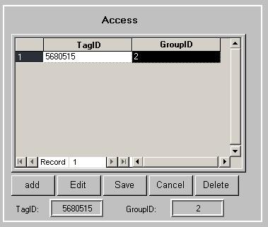 RFIDAccess: This is the table where a Tag is assigned one or more Groups. The TagID and GroupID values need to originate from the RFIDTags and RFIDGroup tables.