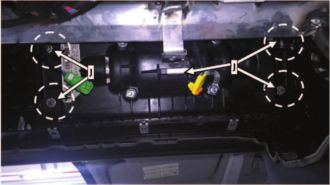11 13. Remove front passenger airbag mounting nuts (J, Figure 15). Figure 15 14. Slightly raise the instrument panel on the passenger's side and remove front passenger airbag downwards. 15. Carefully move new airbag in from below and bolt onto the instrument panel.