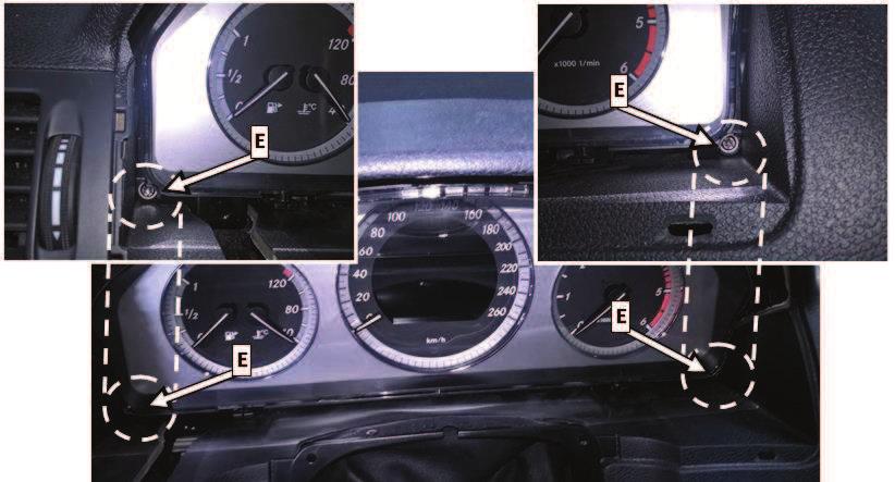 Remove the two bottom instrument cluster mounting screws (E, Figure 9).