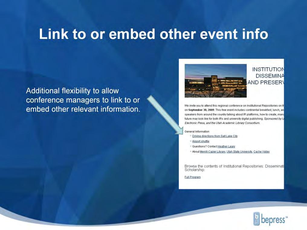 Some conference managers and repository administrators link to or embed other relevant conference information.