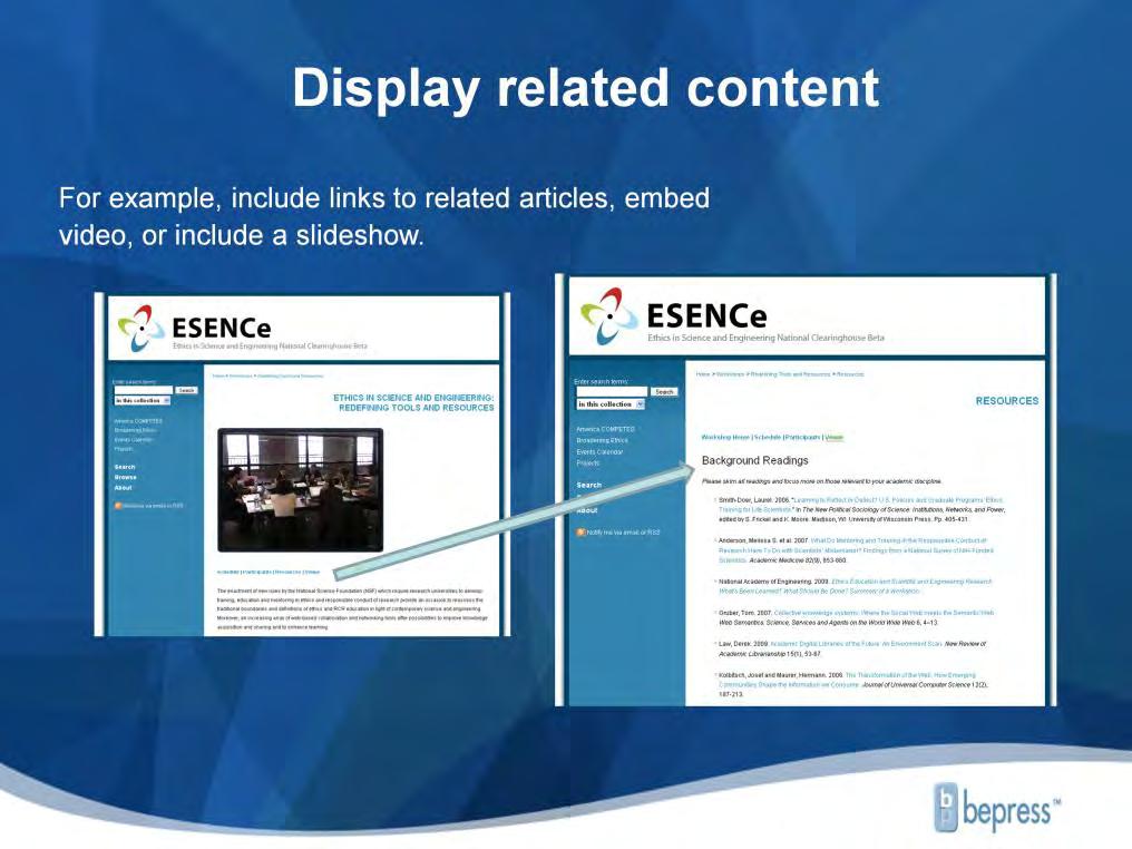 ESENCe includes a slideshow on its conference s homepage (http://www.ethicslibrary.