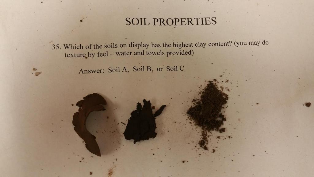 SOIL PROPERTIES 35. Which of the soils on display has the highest clay content?