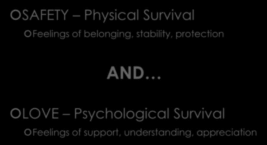 Basic Human Needs SAFETY Physical Survival Feelings of belonging, stability,