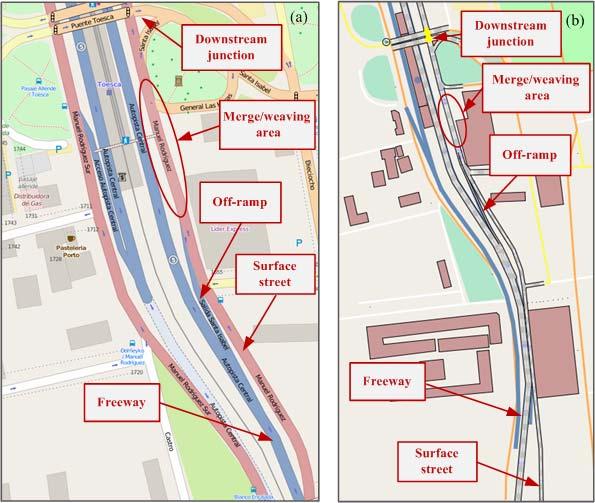 Spiliopoulou A., Papageorgiou, M., Herrera, J.C, and J.C. Muñoz 9 FIGURE 4 (a) Examined freeway stretch, in Santiago, Chile; (b) network representation within AIMSUN.