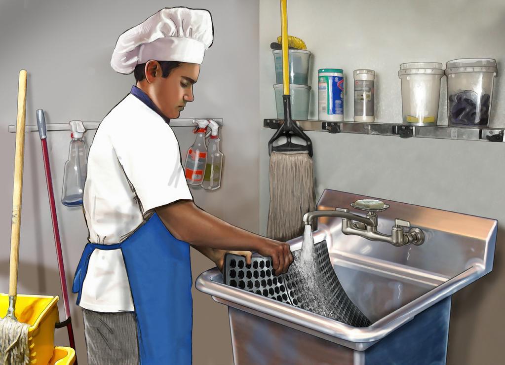 Equipment Washing and Maintenance Wash equipment indoors at a utility sink or location where washwaters drain to the sanitary sewer.