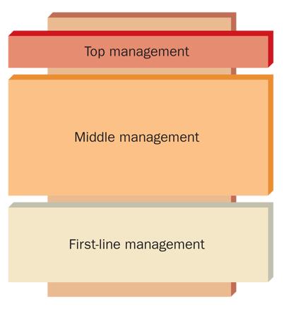 Kinds of Managers Levels of management Top manager guides and controls the overall fortunes of an organization Middle manager implements the strategy and major policies developed by top management