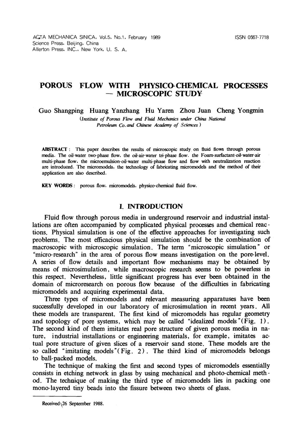 AC.TA MECHANICA SINICA, Vol.5, No.l, February 1989 Science Press, Beijing, China Al