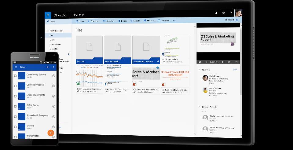 easy content management and sharing. OneDrive for Business will be available with the launch of SharePoint.