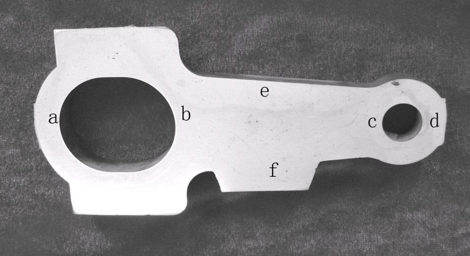 Figure 2. Rheo-diecasting connecting rod and sampling locations. 3. Results Figure 3 shows the microstructures distribution of conventional die-casting part in six different positions.