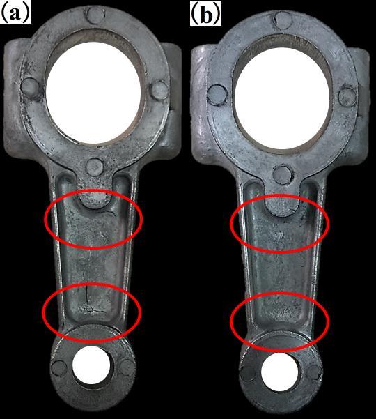 Figure 6. The crack tendency of die-casting parts under different melt treatment (a) N-EMS, (b) SA-EMS. 4.