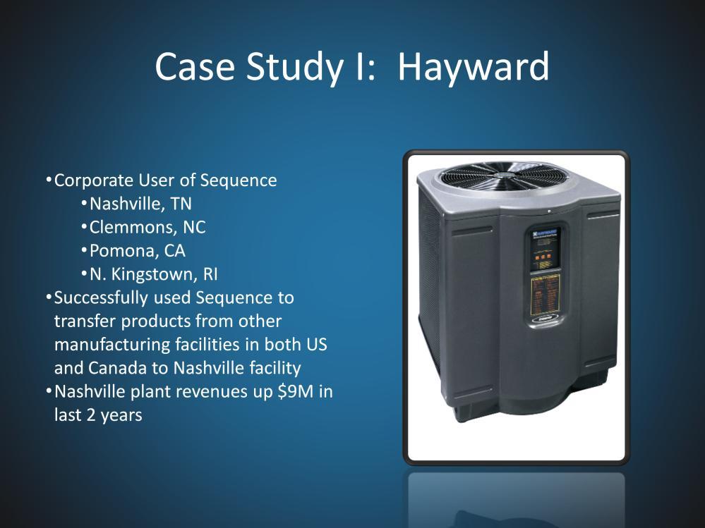 Hayward has realized huge benefits in transfering product lines to their plant in Nashville.