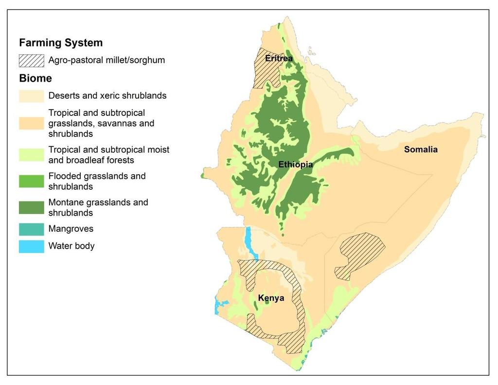 The agro-pastoral system is similar to those in the Sahel, and also takes account of cereal-root crop mixed and maize mixed systems in Ethiopia (which also border the East Africa highland systems).