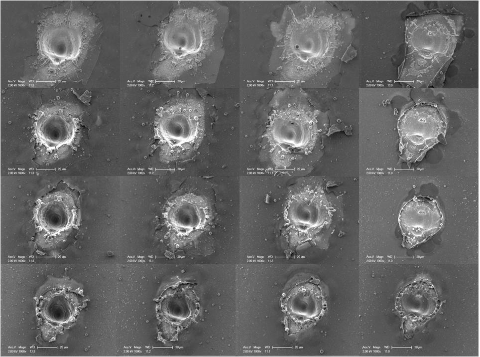 47 The SEM images taken for the LDEs doped with the 355 nm laser on the Sb dopant stack on top of the a-si:h passivated sample, shown in Figure 3-6, reveal the extent of delamination that occurs with
