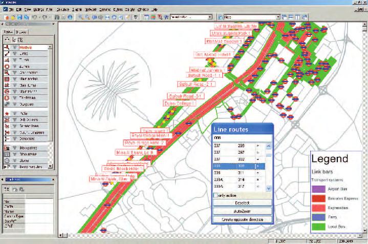 Public Transportation Model VISUM is equipped with an interactive editor for transit routes. The transit routes are consistently integrated with the rest of the transportation network.