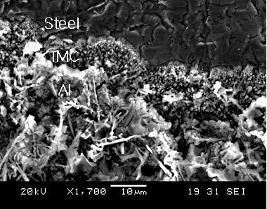 Materials Science Forum Vols. 519-521 1873 Al Si Fe steel 0 0 100 IMC 63-64 9-10 26-28 Al 94-97 2-5 0.5-2.5 a) b) Fig. 1. The surface of aluminized steel etched (a) and compositions of respective layer (b) IMC Al layer a) b) Figure 2.