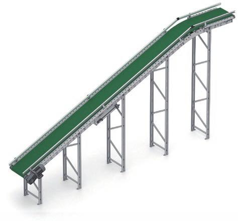 BRIDGE BELT CONVEYOR A belt conveyor can be adapted to move boxes in a straight line when a flow of goods between two different levels is required.