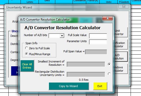 Master Templates 33 The A/D resolution calculator comes in handy if you encounter any Analog to Digital computer boards used typically with custom built test stands.