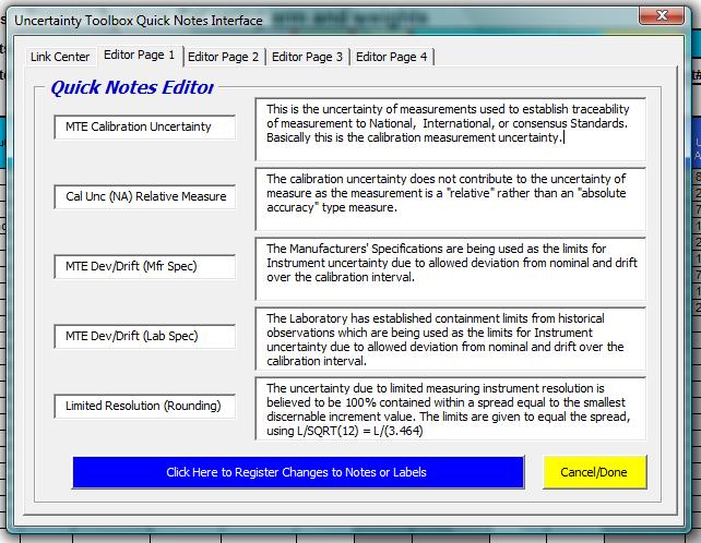 Master Templates 35 NOTE: Ensure that you click on the blue "Register Changes" button when you change any of the notes. This completes the overview of the Budget and its supporting tools. 3.3 Type A Data Template This template computes Type A standard deviation and standard error of the mean.
