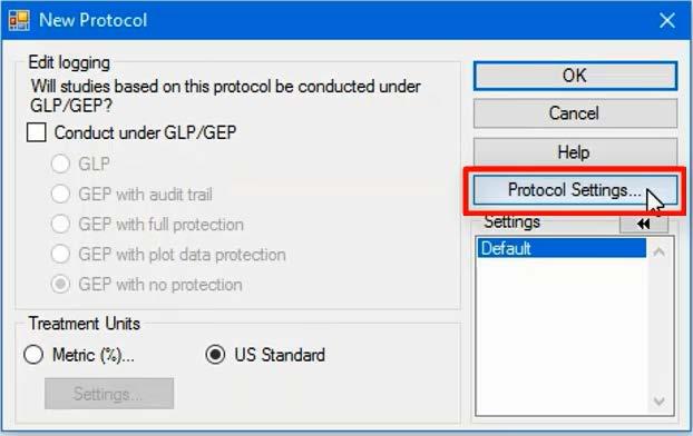 The New Protocol dialog is where you can turn on GLP or GEP for the study, and set what units are available on the Treatments editor.