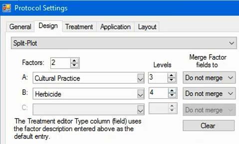 ARM will auto-fill the Treatment Type field on the Treatments editor if one of these items are selected. Since Tillage Method is the main factor, we will select 'Cultural Practice' for Factor A.