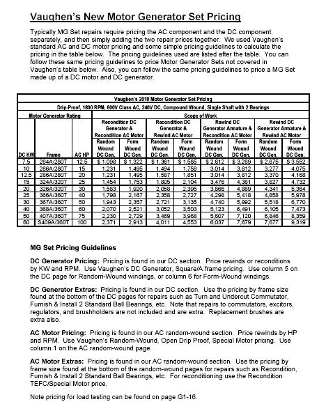 MG Set and Elevator Motor Pricing Pricing for common repairs to MG Sets can be found in the General Information Section and on page D1-3.