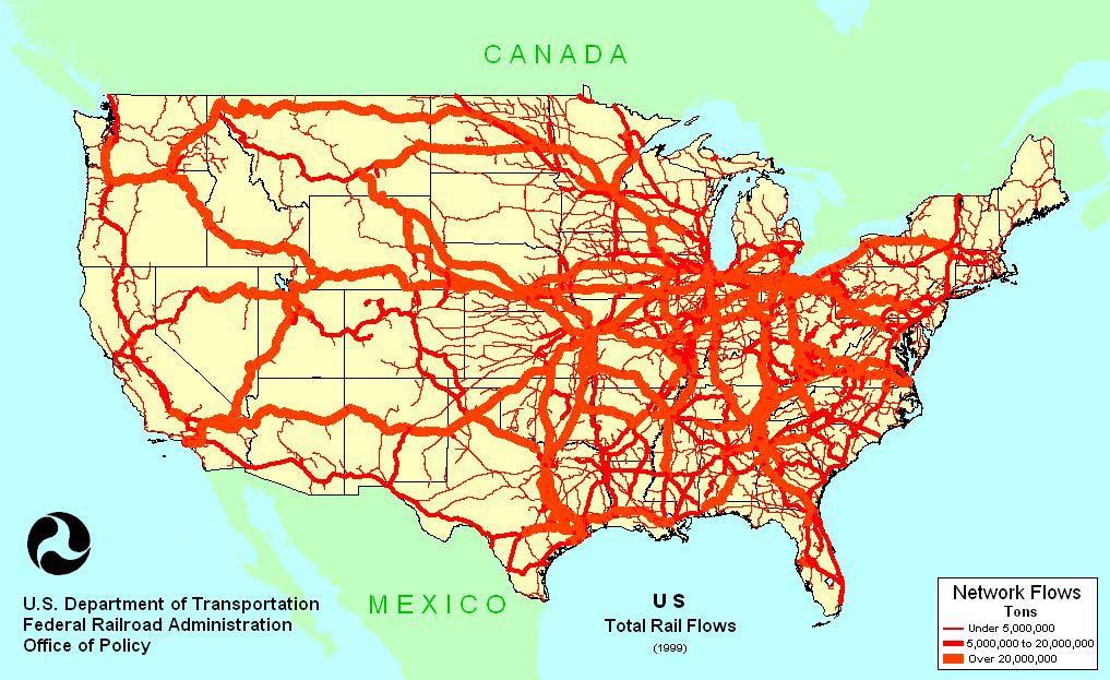 FHWA also utilizes the FAF to create flow maps of the rail movements across the U.S. Figure 14 displays the total U.S. rail flows for the year 1999.