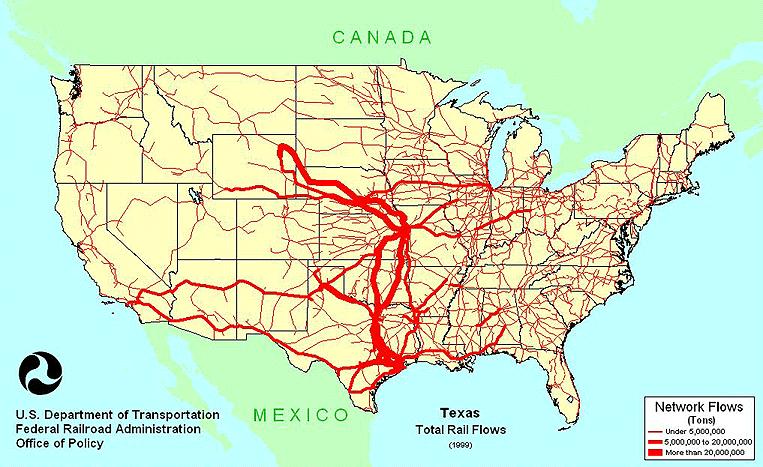 Figure 15. Freight Flows to, from, and within Texas by Rail, 1999 (38).