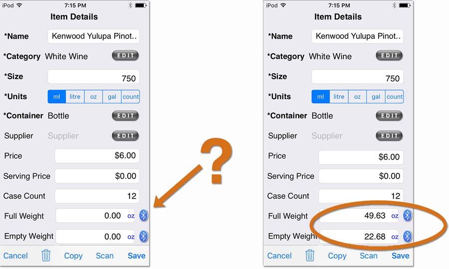 Setting Full and Empty Bottle Weight Before you start weighing bottles during an Inventory you must make sure an Item s Full Bottle Weight and Empty Bottle Weight are included in the Item details.