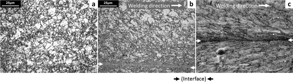 10 a uniform heavily twinned microstructure beside bond zone and b optical and c SEM images of bond zone: weld made using 9?7 kj discharge energy appearing in Fig. 10 are rather elongated grains.